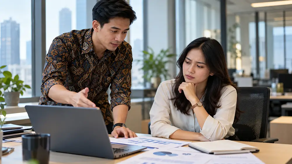 Dua rekan kerja berdiskusi dengan pemahaman berbeda saat melihat pekerjaan di laptop