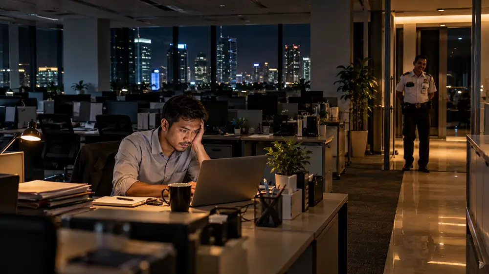 Karyawan masih bekerja sendirian di depan laptop pada malam hari sementara petugas keamanan berjalan di lorong kantor yang sepi.