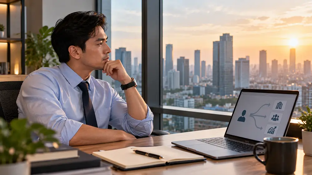 Karyawan duduk termenung memandang keluar jendela kantor sambil mempertimbangkan pilihan pengembangan karier yang ditampilkan pada laptop.
