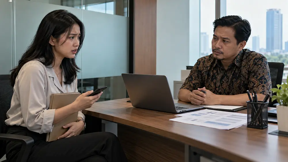 Karyawan perempuan terlihat khawatir sambil memegang ponsel dan berbicara dengan seorang atasan laki-laki di ruang kantor.