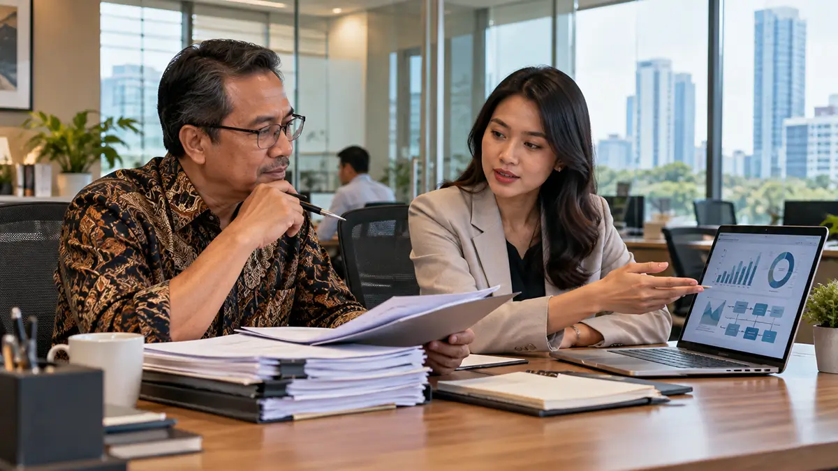 Karyawan senior dan rekan kerja yang lebih muda berdiskusi sambil meninjau laporan serta grafik kinerja di laptop.