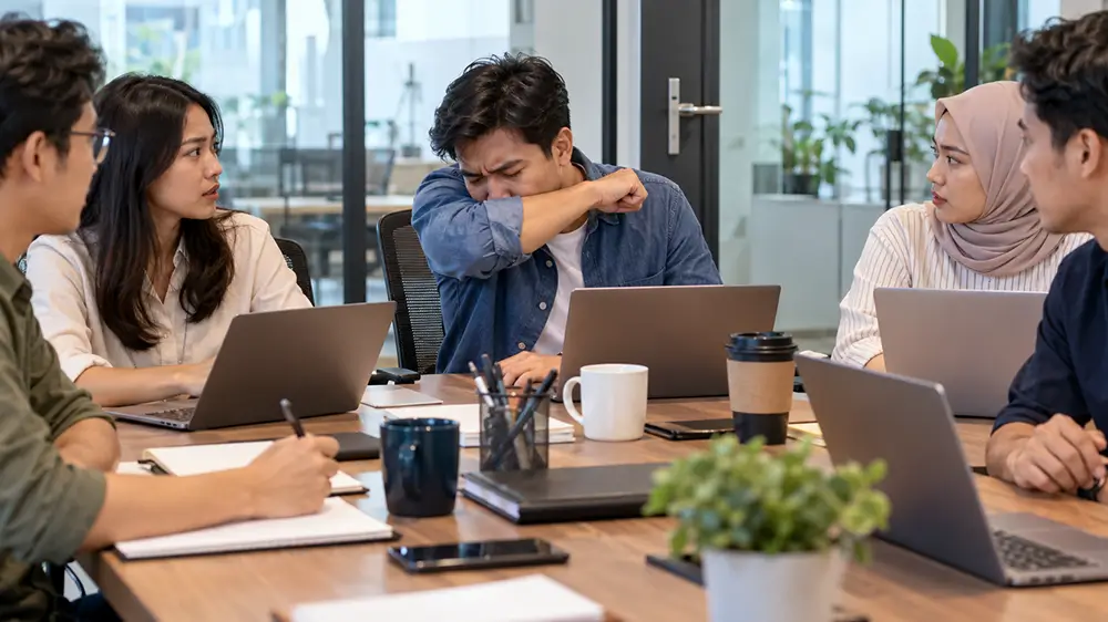 Karyawan batuk ke siku saat mengikuti rapat bersama rekan kerja di kantor