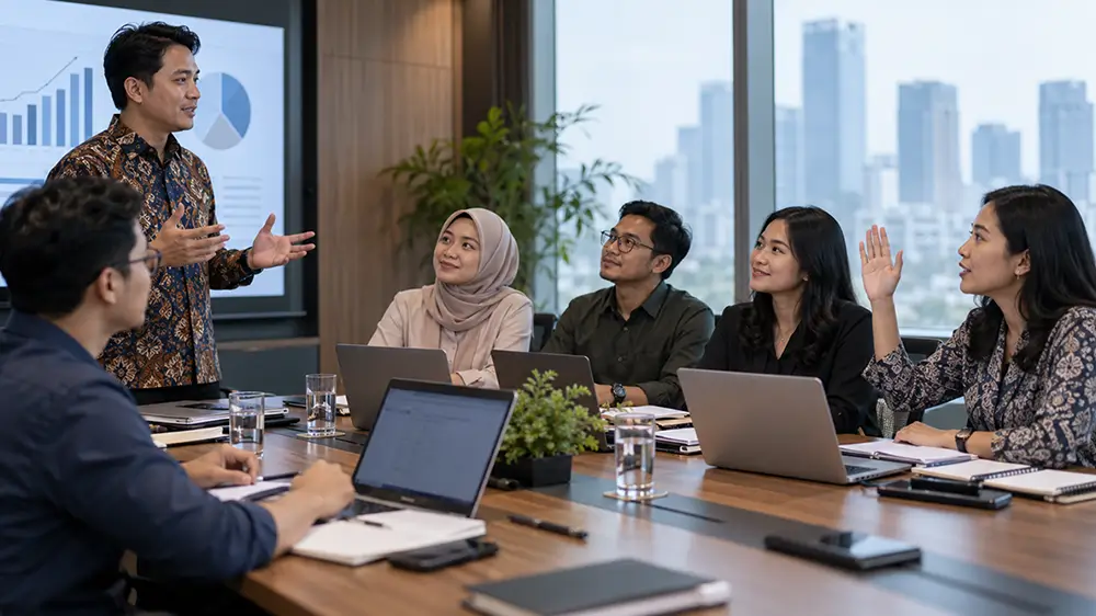 Karyawan menyampaikan pertanyaan saat berdiskusi dengan atasan dan rekan kerja dalam rapat