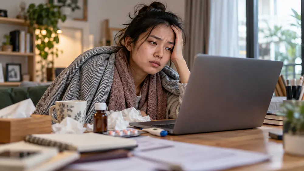 Karyawan sakit berbaring dengan selimut sambil menghadapi laptop untuk meeting online