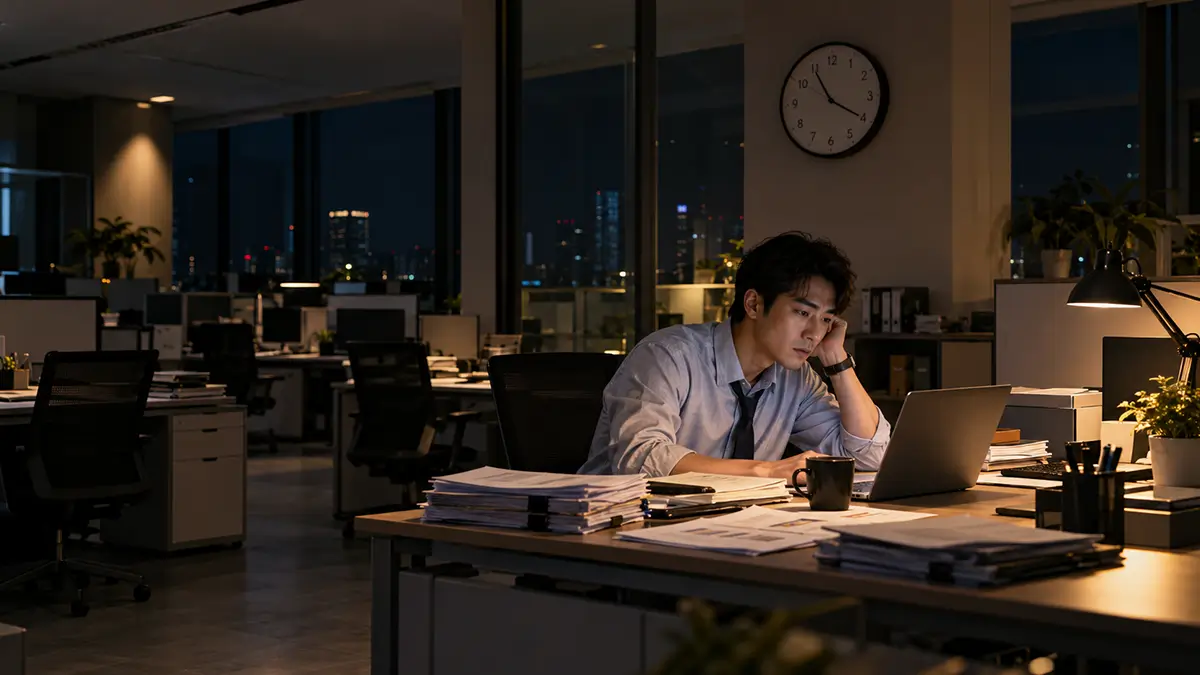 Karyawan bekerja sendirian di kantor hingga malam dengan laptop dan tumpukan pekerjaan
