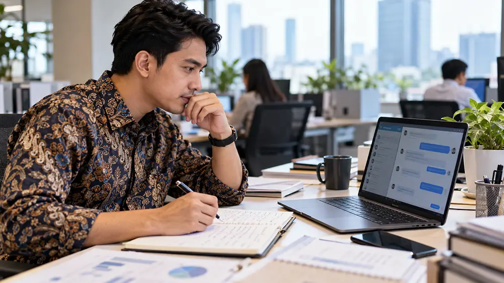 Karyawan mencatat informasi pekerjaan di buku sambil memperhatikan percakapan melalui aplikasi chat di laptop.