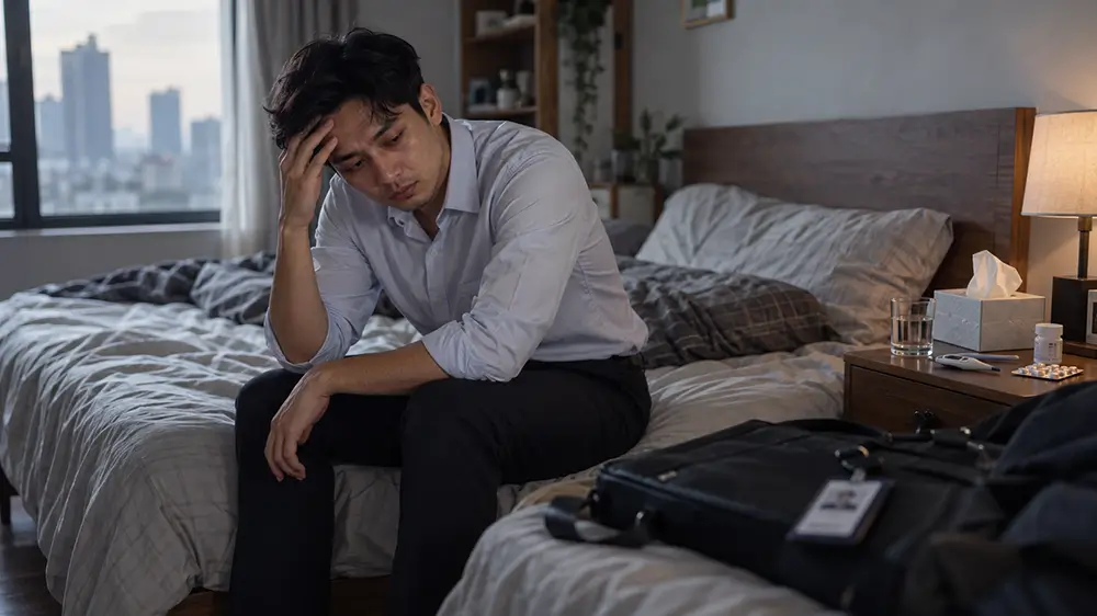 Karyawan yang sedang sakit duduk di tepi tempat tidur sambil memegang kepala
