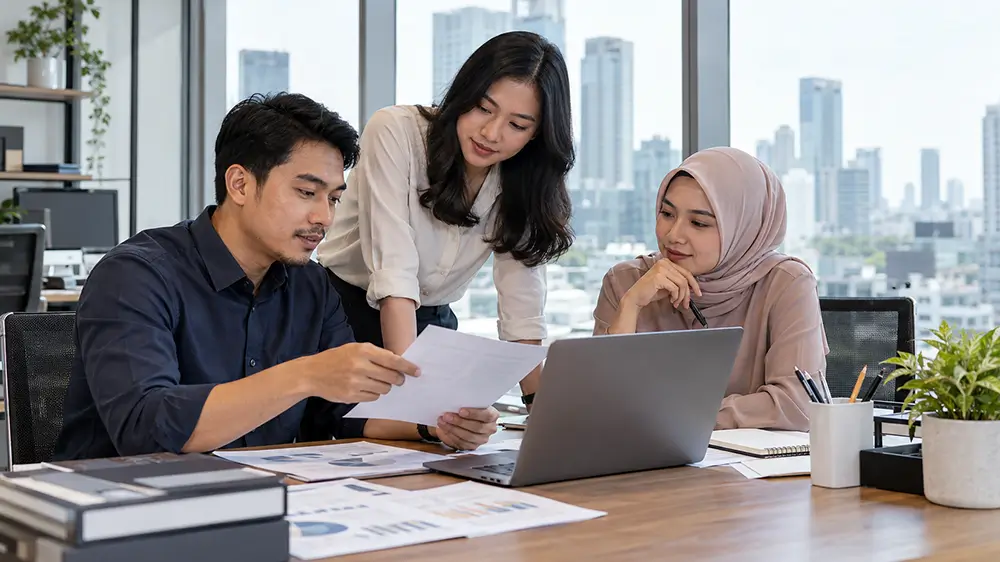 Tiga karyawan berdiskusi bersama sambil memeriksa dokumen dan laptop untuk menyelesaikan pekerjaan di kantor.