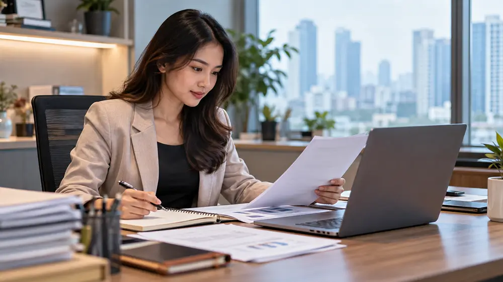 Karyawan memeriksa dokumen pekerjaan sesuai job description di kantor