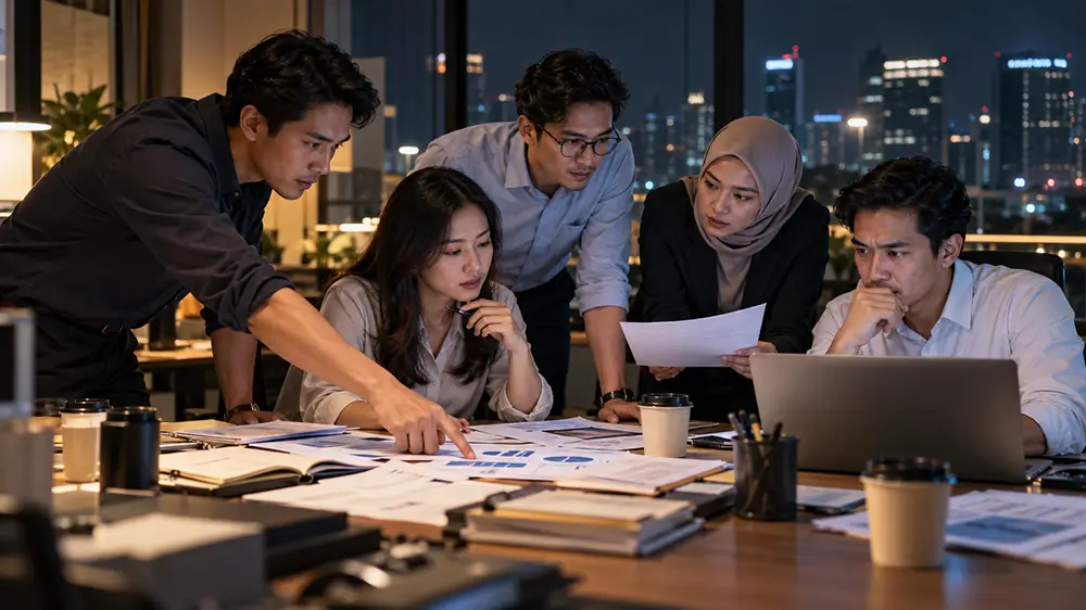 Tim karyawan berdiskusi mengerjakan pekerjaan bersama di kantor pada malam hari.