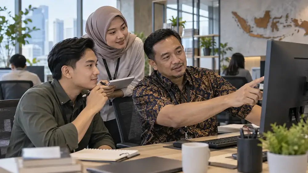Karyawan berdiskusi bersama rekan kerja yang lebih berpengalaman di depan komputer