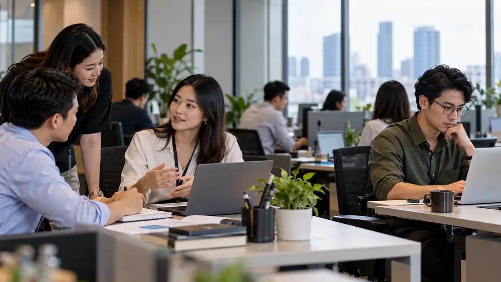 Karyawan pria bekerja dengan fokus menggunakan laptop di lingkungan kantor.