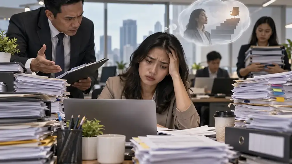 Karyawan menghadapi tumpukan pekerjaan di depan laptop dengan atasan di sampingnya