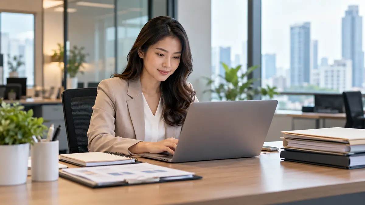 Karyawan bekerja sesuai job description menggunakan laptop di kantor