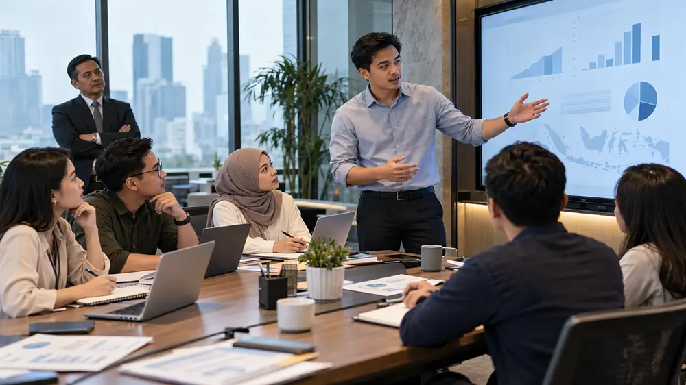 Karyawan memimpin presentasi dan menjelaskan laporan kepada tim dalam rapat kantor sebagai gambaran tanggung jawab yang lebih besar.