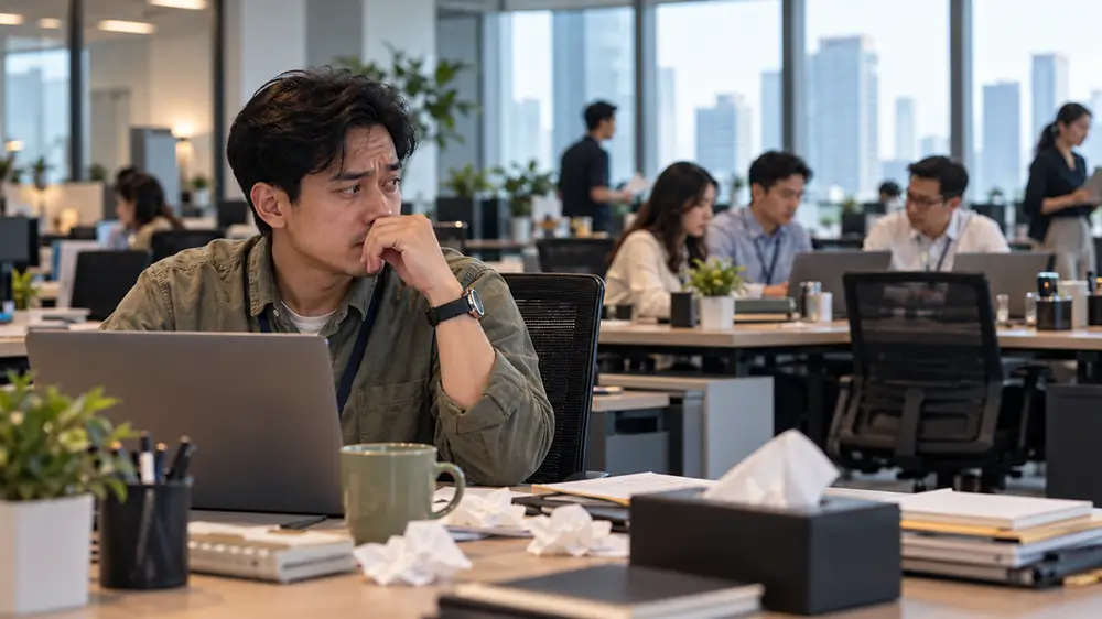 Karyawan yang terlihat khawatir di kantor saat kondisi tubuh sedang tidak sehat
