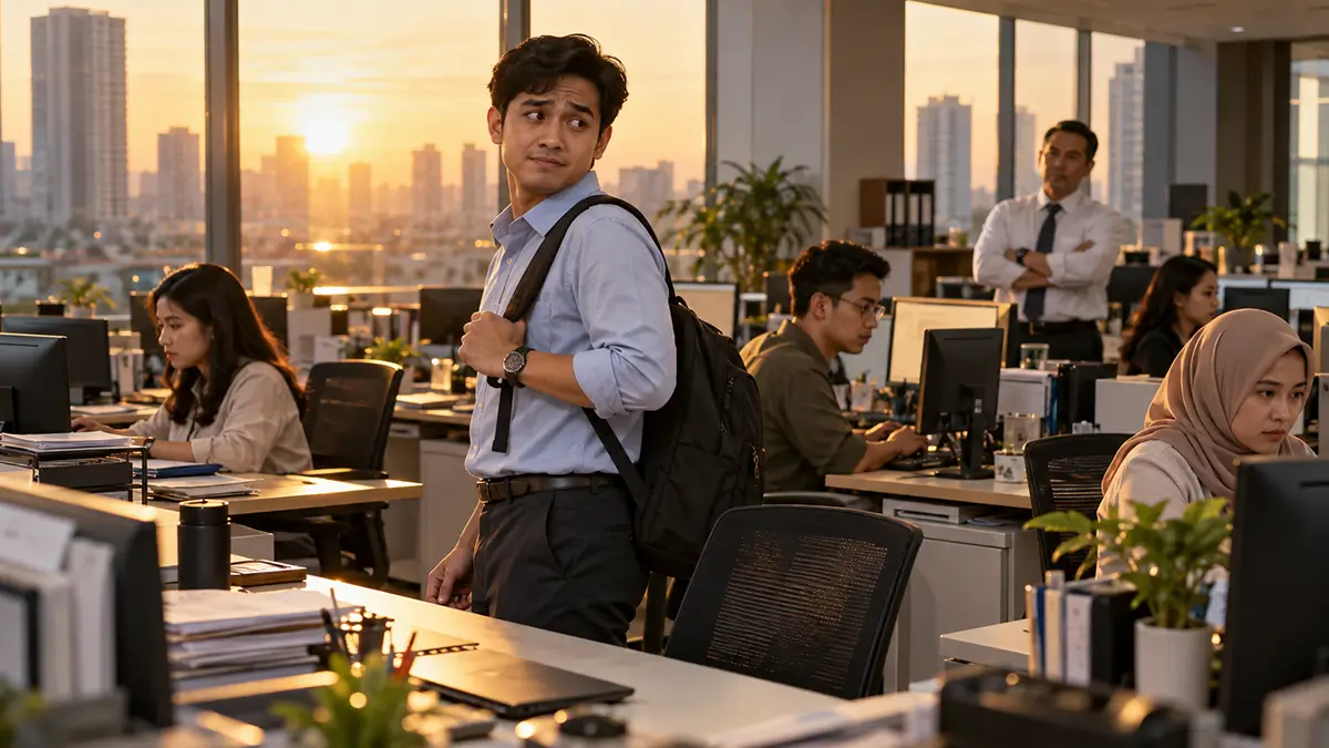 Karyawan membawa tas punggung dan terlihat ragu untuk pulang saat rekan kerja masih sibuk dan atasan berada di kantor.