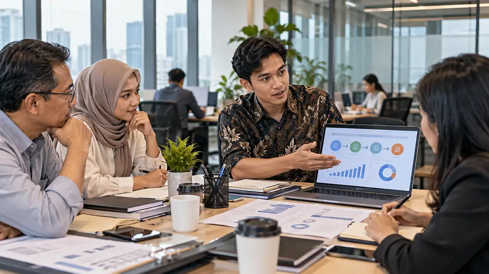 Karyawan muda mempresentasikan grafik kinerja melalui laptop kepada beberapa rekan kerja dalam sebuah diskusi di kantor.