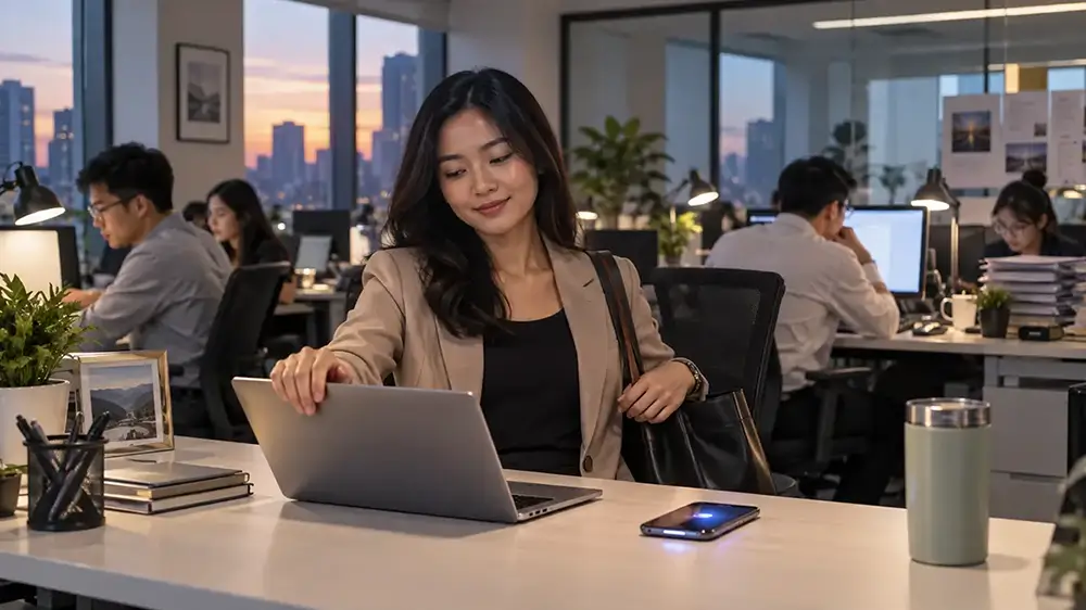 Karyawan menutup laptop di kantor setelah menyelesaikan pekerjaannya