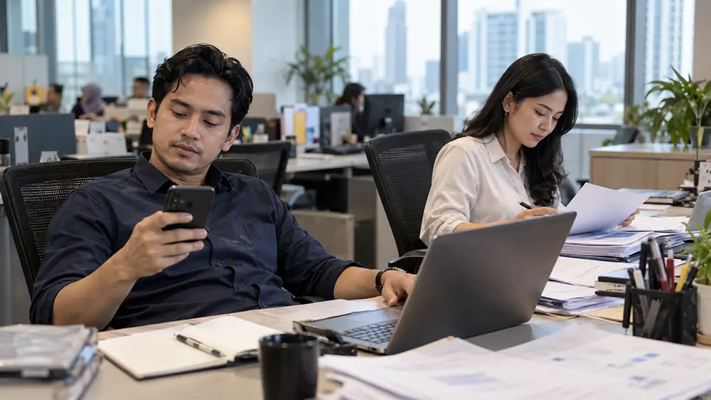 Seorang karyawan melihat ponsel di depan laptop, sementara rekan kerjanya sibuk memeriksa dokumen di kantor.