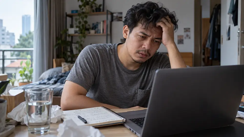 Pria terlihat kelelahan sambil memegang kepala dan menatap layar laptop ketika mencoba menyelesaikan pekerjaan di rumah.