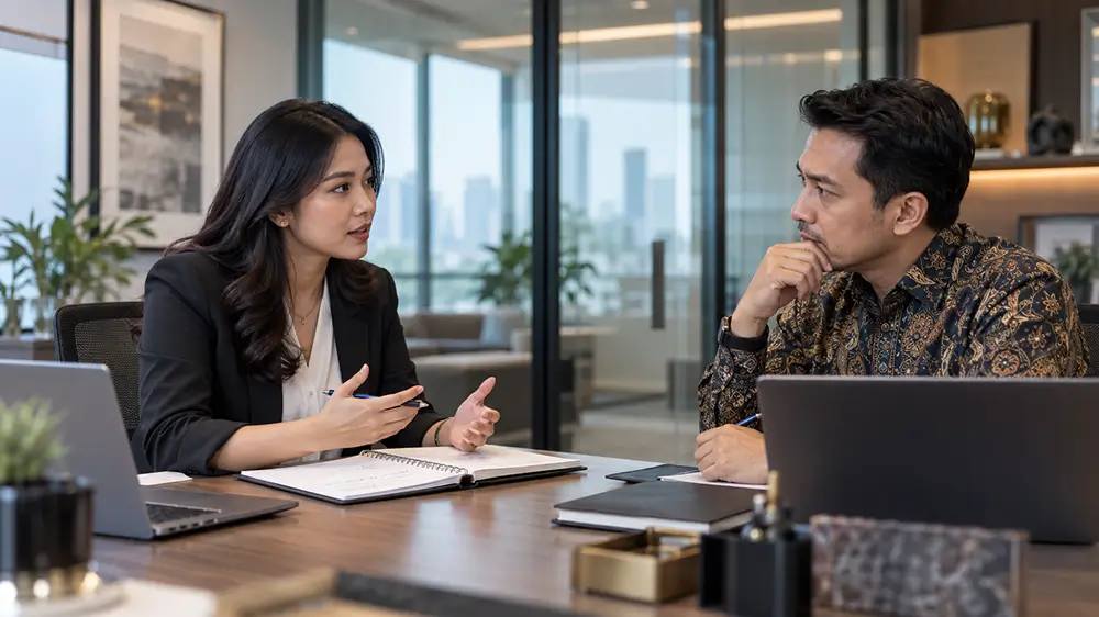 Karyawan perempuan berdiskusi dengan atasan di ruang kantor untuk meminta kejelasan mengenai perkembangan kariernya.