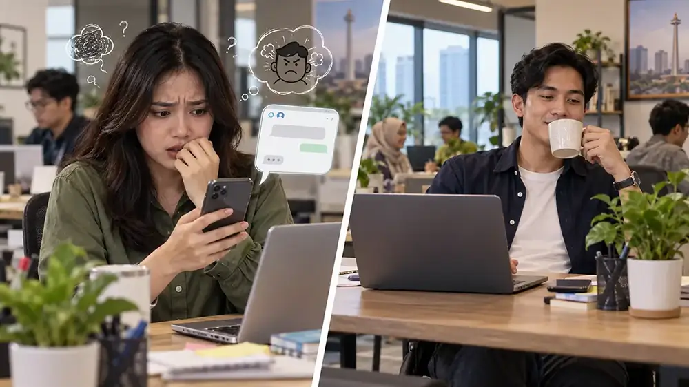 Karyawan perempuan terlihat cemas membaca chat kerja sementara rekan pria tampak santai