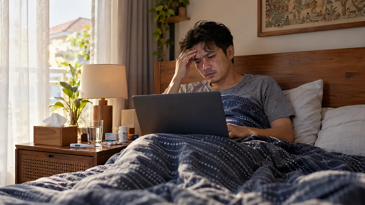 Pria sedang sakit tetapi masih membuka laptop di atas tempat tidur sambil memegang kening, dengan obat dan termometer di meja samping.