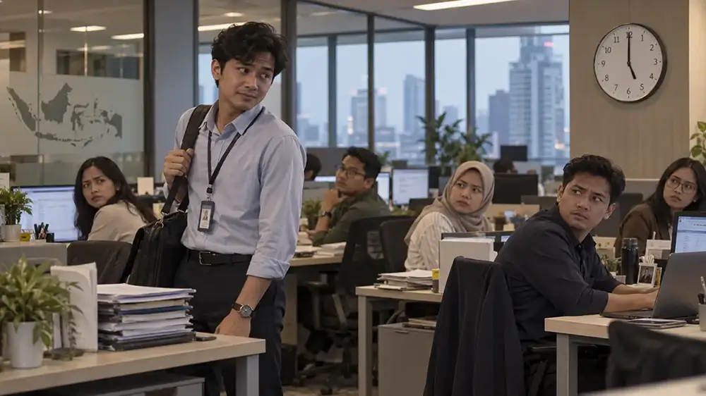 Seorang karyawan bersiap pulang sambil dilihat oleh beberapa rekan kerjanya di kantor