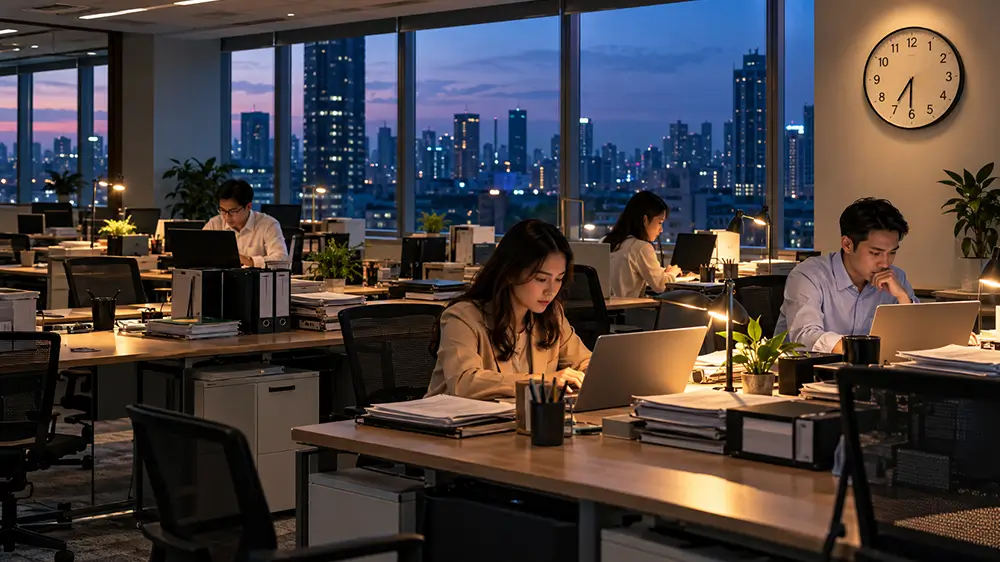 Sejumlah karyawan masih bekerja di kantor setelah jam kerja normal berakhir