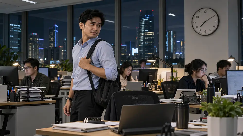 Karyawan bersiap pulang sementara rekan kerjanya masih lembur di kantor pada malam hari
