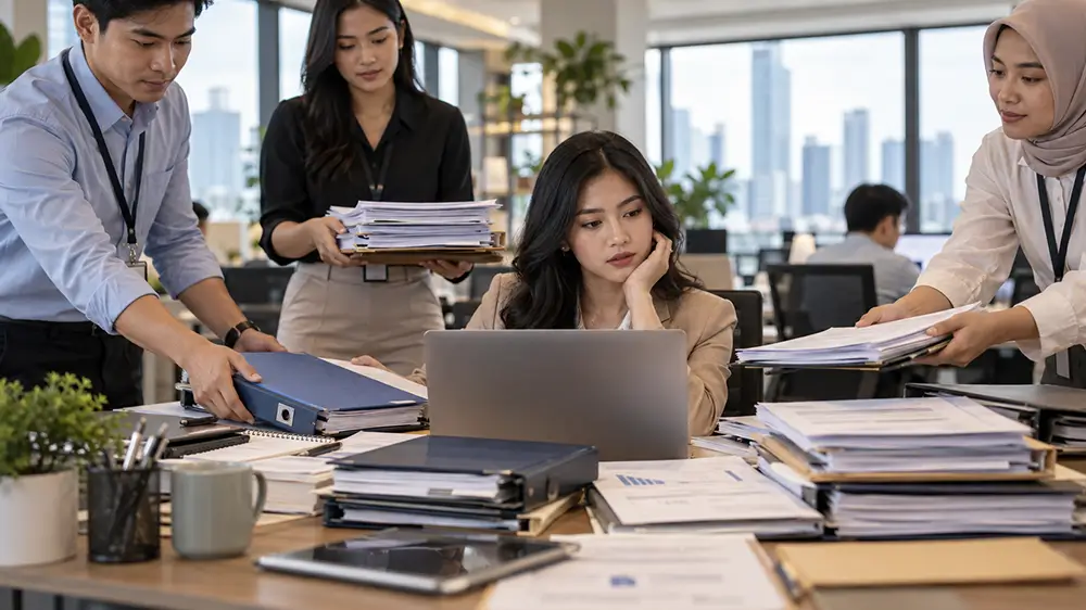 Karyawan menerima banyak dokumen tambahan dari beberapa rekan kerja di kantor